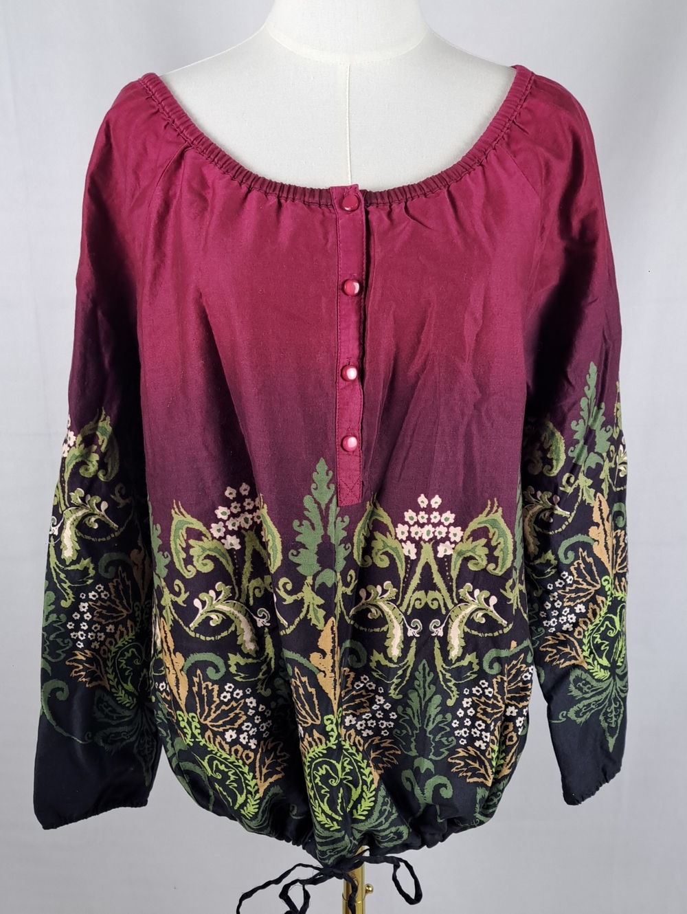 Art & Soul Burgundy Ombre Floral Print Peasant Blouse Drawstring Hem Folk Boho L